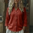 thumbnail image 2 of SYMOID Rust Red V Neck Top for Women Linen Cotton Blouse 3/4 Sleeve Lace Trim Button Down Shirt Relaxed Fit,Size XL, 2 of 5