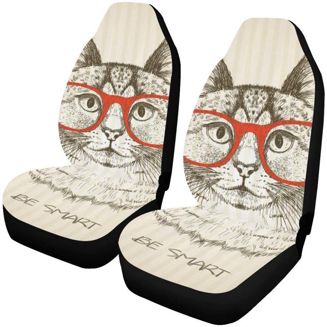 ABPHQTO Juego de 2 fundas para asientos de coche Hipster Cat Be Smart Universal Auto Asientos delanteros Protector para coche, SUV Sedan, camión