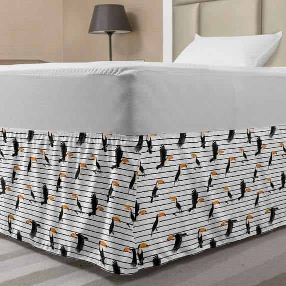 Tropical Bed Skirt, Exotic Toucan Birds Pattern Horizontal Stripes Background Summer Season, Elastic Bedskirt Dust Ruffle Wrap Around for Bedding Decor, 4 Sizes, Peach Black Orange, by Ambesonne