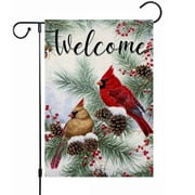 Welcome Winter Garden Flags 12x18 Inch Vertical Double Sided For Outside Decoration, Cardinal Pine Twigs Berry Small Yard Flag, Seasonal Farmhouse Christams Holiday Outdoor Decor