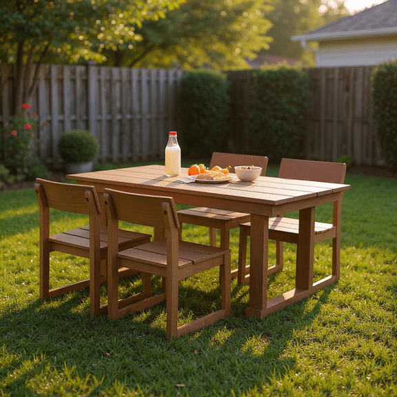 5-Piece HDPE Weather-Resistant Outdoor Dining Set for 4 – Durable Patio Table with Umbrella Hole & Ergonomic Chairs, Brown Furniture for Backyard, Garden, or Poolside Use