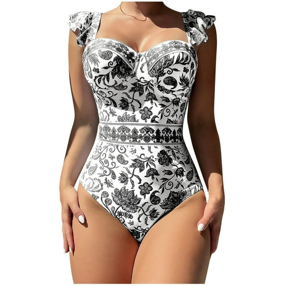 Youyipin One Piece Swimsuit Women Tummy Control Ruffled Straps Porcelain Bathing Suit For Women Slimming Swimwear