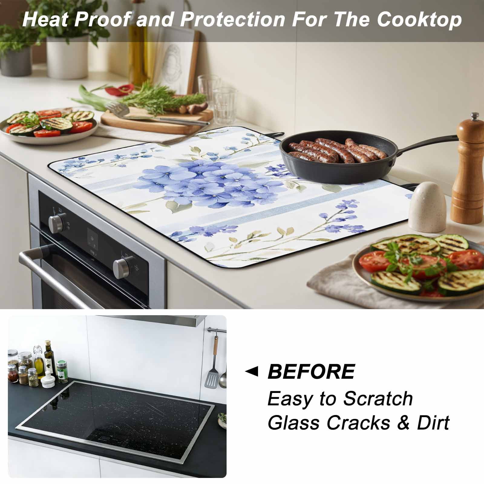 Purple Hydrangea Stove Top Cover for Electric Stove, Heat-proof & Non Slip Glass Top Stove Cover Protector, Stripe Botanical Vintage Kitchen Flat Cooktop Rubber Mat 24x21 Inches