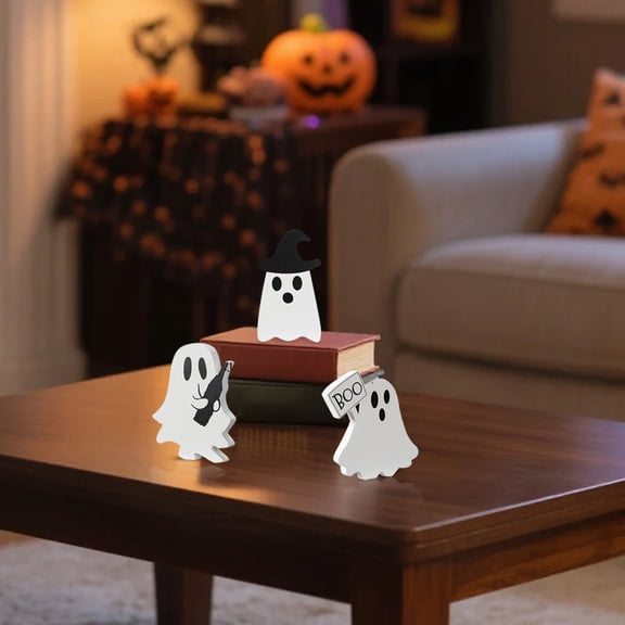 Halloween Decorations Wooden Ghost Tiered Tray Decor Sign Halloween Spooky Tabletop Ornament for Mantel Shelf Home Party Display Accent