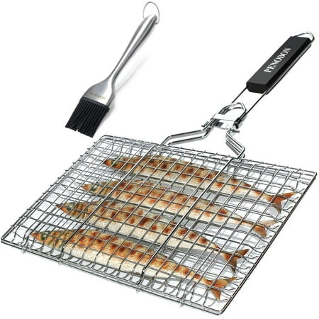 Fish Grilling Basket, Folding Portable Stainless Steel BBQ Grill Basket for Fish Vegetables Shrimp with Removable Handle, Come with Basting Brush and Storage Bag