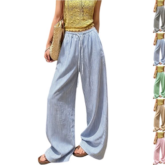 Linen Drawstring Pants Women Pinstripe Wide Leg Flowy Pants Palazzo Beach Casual Pant with Pockets Loose Summer Pant Blue XL
