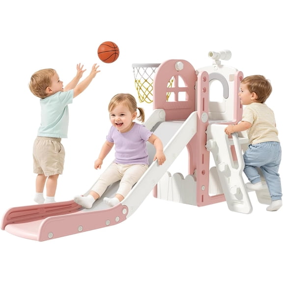 Oswerpon 6-in-1 Toddler Slide, Indoor Outdoor Playset with Climber, Basketball Hoop, Telescope & Storage, Ages 1-3, Pink