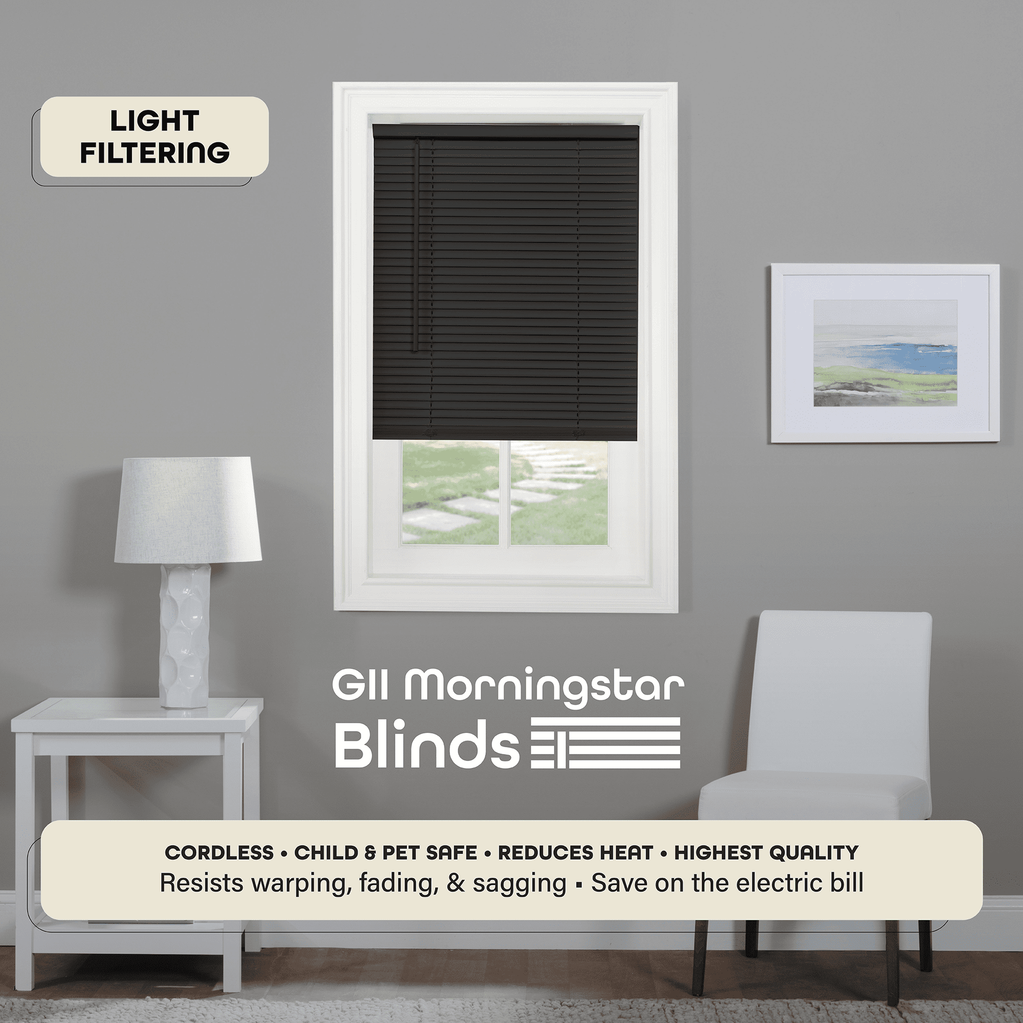 Achim GII Morningstar Indoor Cordless Black Vinyl Light Filtering Window Mini Blind, 64" L x 35" W