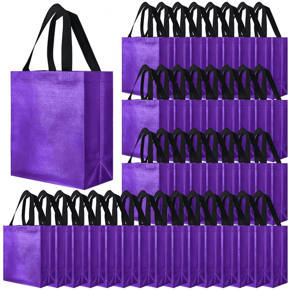 50-Pack Reusable Gift Bags with Handles-Glossy Purple Tote Bags in Bulk for Weddings, Showers, Birthdays, Christmas, Halloween, Bulk Wholesale Tote for Party Supplies ( & Elegant)