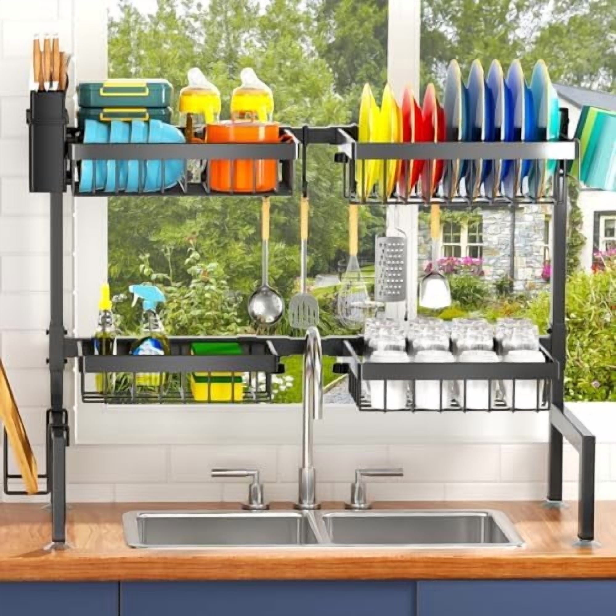 4 Baskets Over The Sink Dish Drying Rack, Extendable Large Capacity Sink Rack, Metal Drying Rack Saving Space,for Most Sinks (26.57"-35")