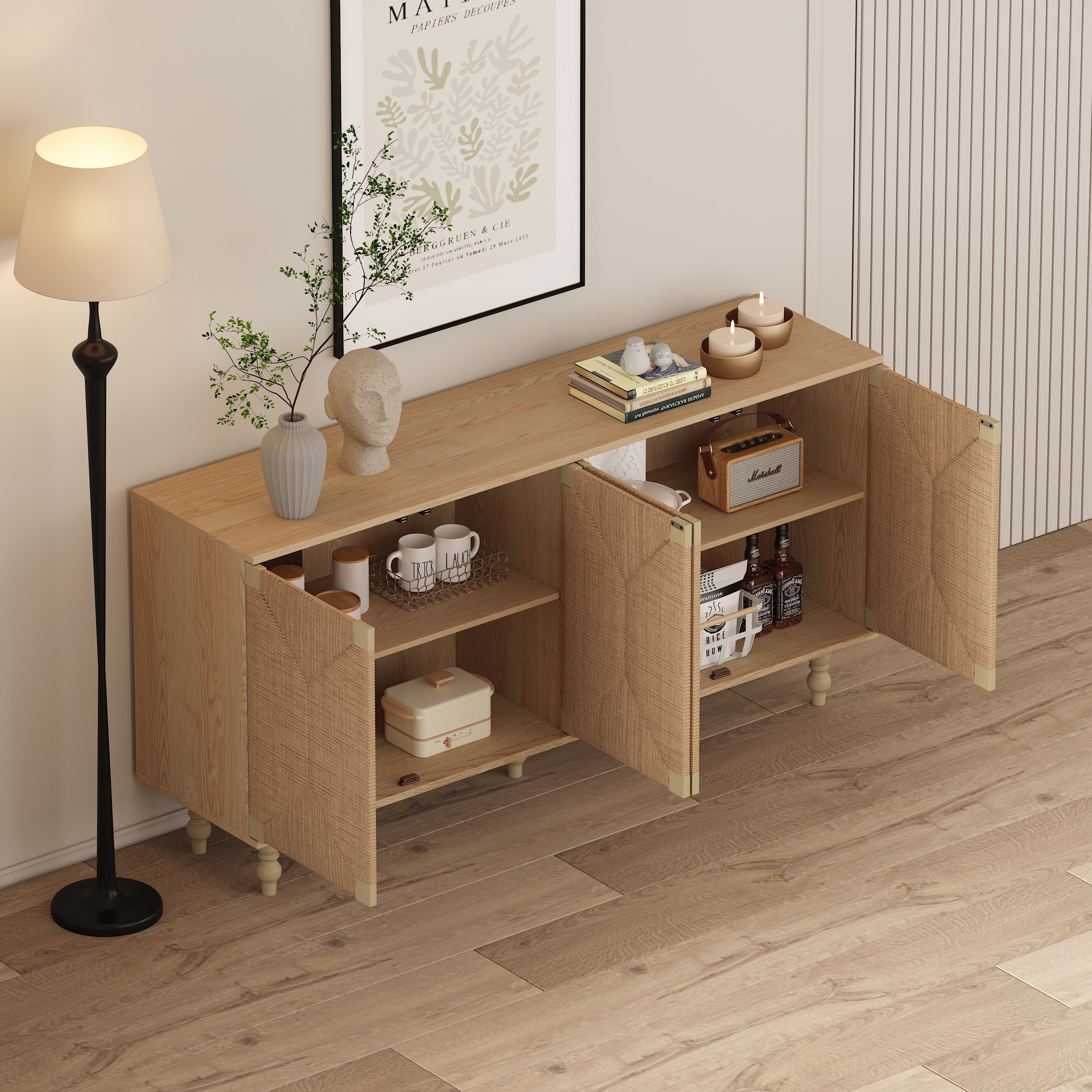 GARITIN Sideboard Buffet Cabinet, Accent Storage Wood TV Stand with Wire-Brushed Seagrass Doors, 4-Compartment Cabinet for Hallway Entryway Dining Room, Natural+Rustic