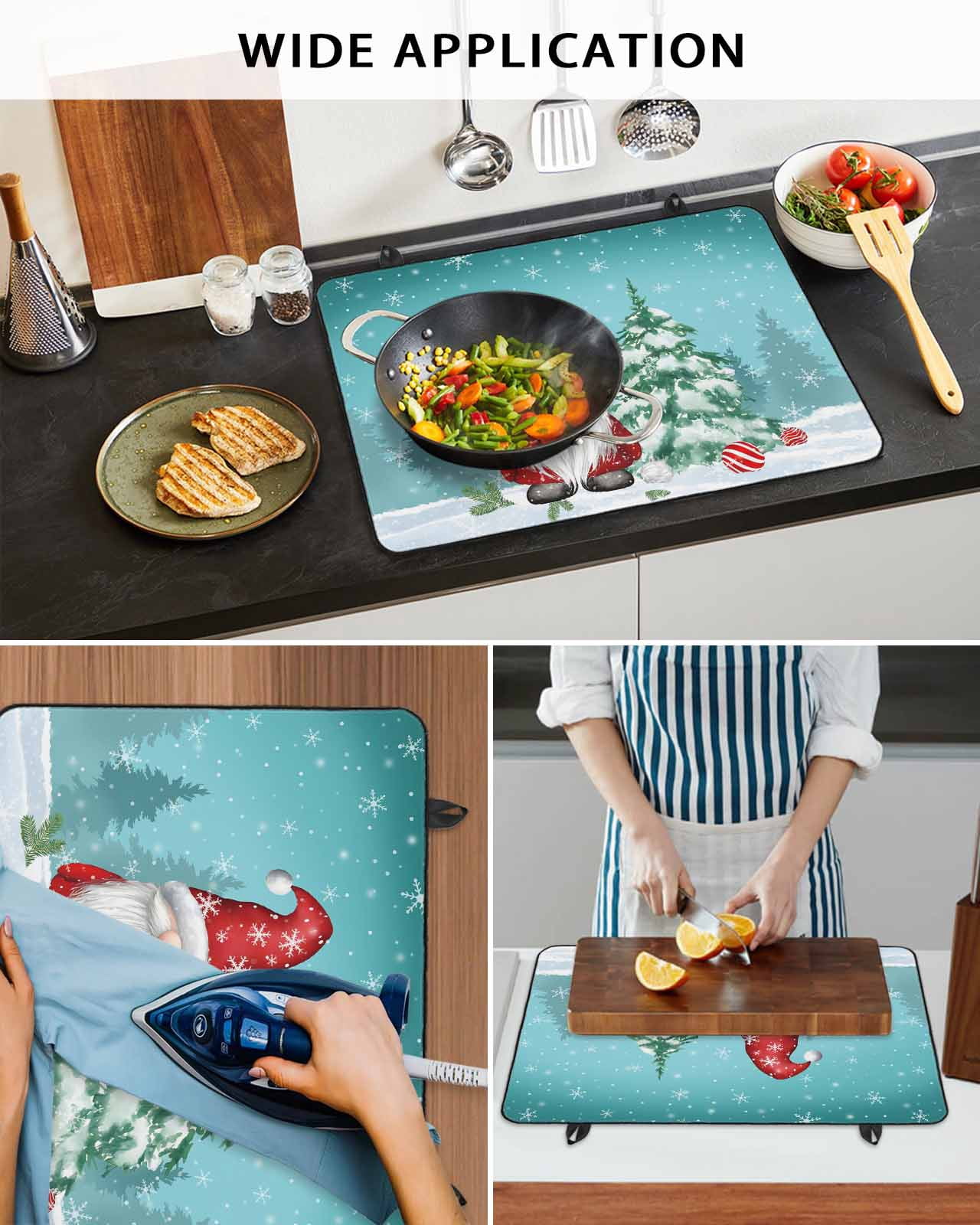 Large Induction Cooktop Protector Mat Teal Gnomes Christmas Stove Top Covers for Electric Stove, Xmas Tree Balls Snowflake Decorative Stove Burner Cover Mats, Glass Top Stove Cover