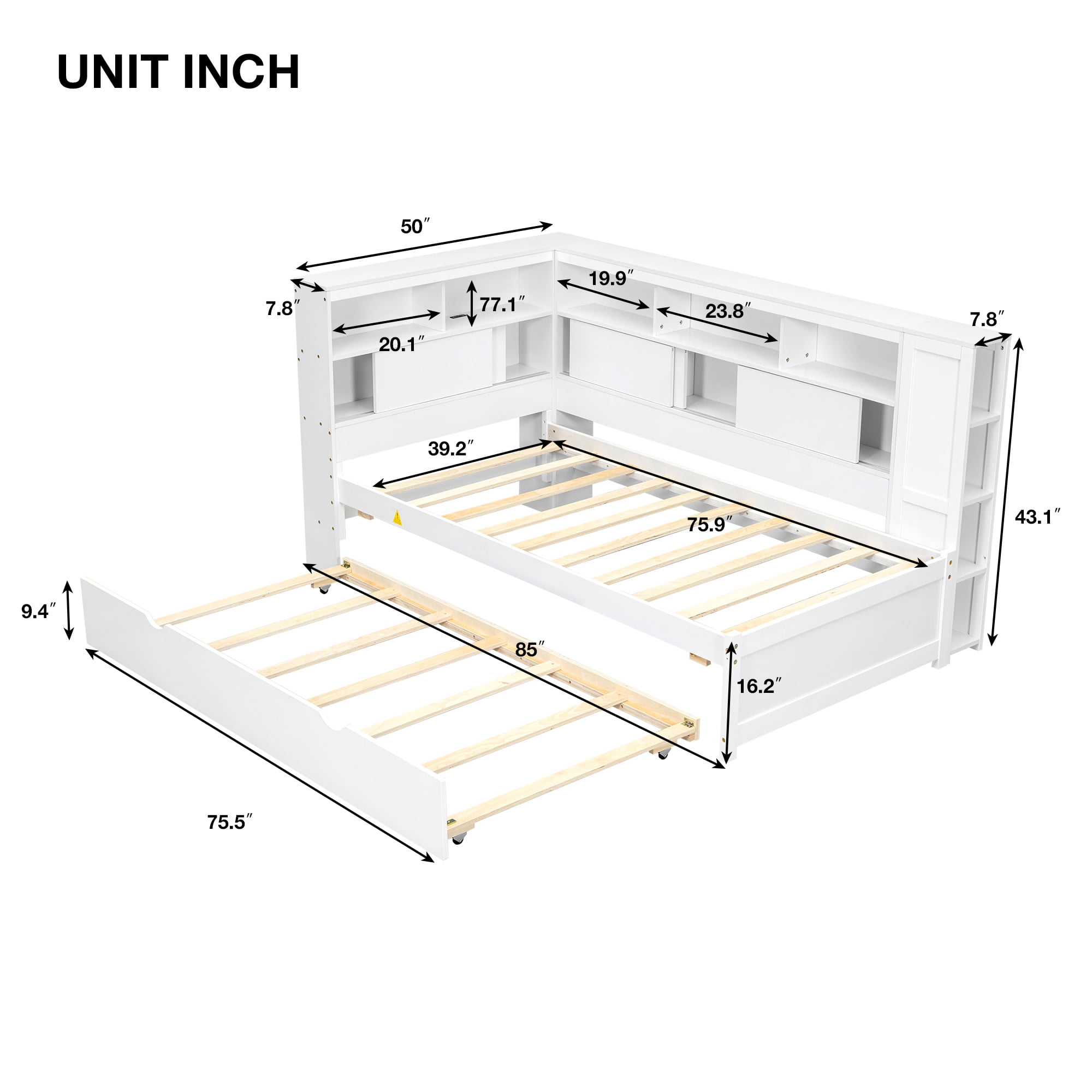 Euroco Wood Twin Daybed with Trundle, Shelves, and USB Charging Station in White