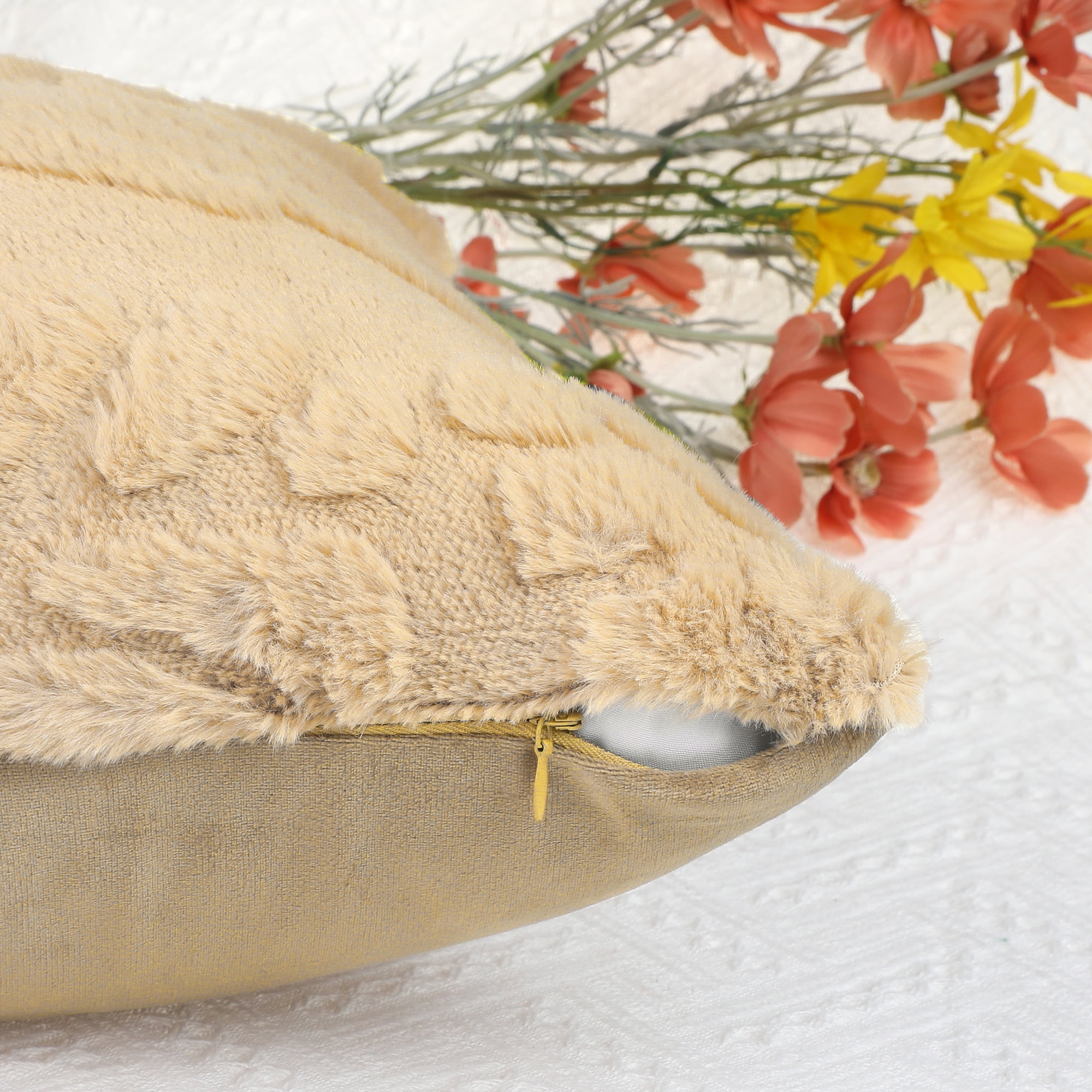 Unique Bargains 4 Pcs Basho Leaf Pattern Cushion Covers Solid Fluffy Plush Pillow Covers Khaki/Grey 18" x 18"