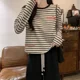 thumbnail image 4 of Camiseta de manga larga a rayas de algodón puro de principios de otoño, ropa para mujer, top informal ajustado con cuello redondo y bordado de letras, 4 of 4