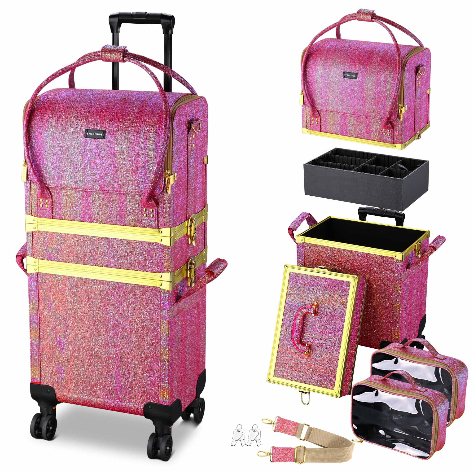 BYOOTIQUE Red Gold Makeup Train Case Lockable Rolling Cosmetic Trolley ...