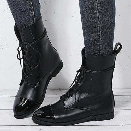 

FITORON Womens Mid Calf Boots- Retro Soft Leather Round Toe Color Matching Lace Flat Ankle Boots Black 35