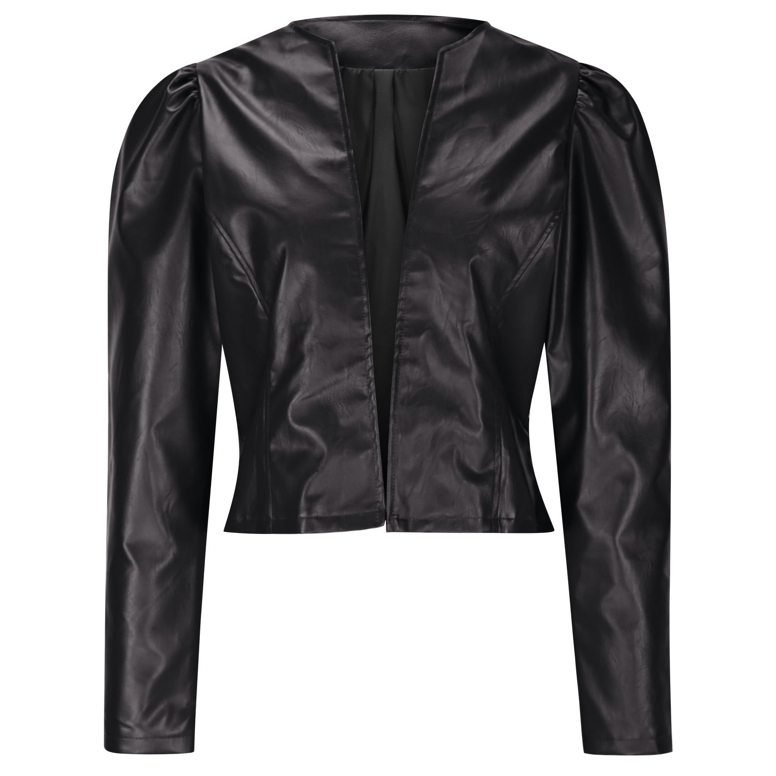 Hvyesh Women's Puff Sleeve Cropped Jacket Faux Leather Bolero Blazer Long Sleeve Open Front PU Cardigan Trendy Streetwear Moto Biker Jackets Black