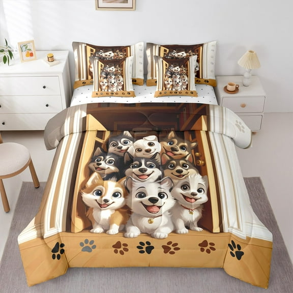 Manfei Kawaii Cartoon Dogs 7-Piece Twin Bedding Sets,Pet Lover Bedding Comforter Set,Puppy Paws Print Sheet Sets For Boys Kids,Luxury Bedroom Decor Reversible