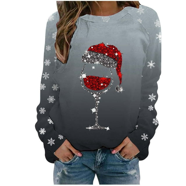 VJATTWR Mes Articles Chandail en Molleton de Noël pour Femmes Automne et Hiver Flocon de Neige Rouge Verre Dégradé Imprimé Col Rond Épaule Manches Longues Décontracté Sport Chandail en Molleton Get it Fast