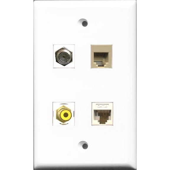 RiteAV 1 Port RCA Yellow and 1 Port Coax Cable TV- F-Type and 1 Port Phone RJ11 RJ12 Beige and 1 Port Cat6 Ethernet White Wall Plate