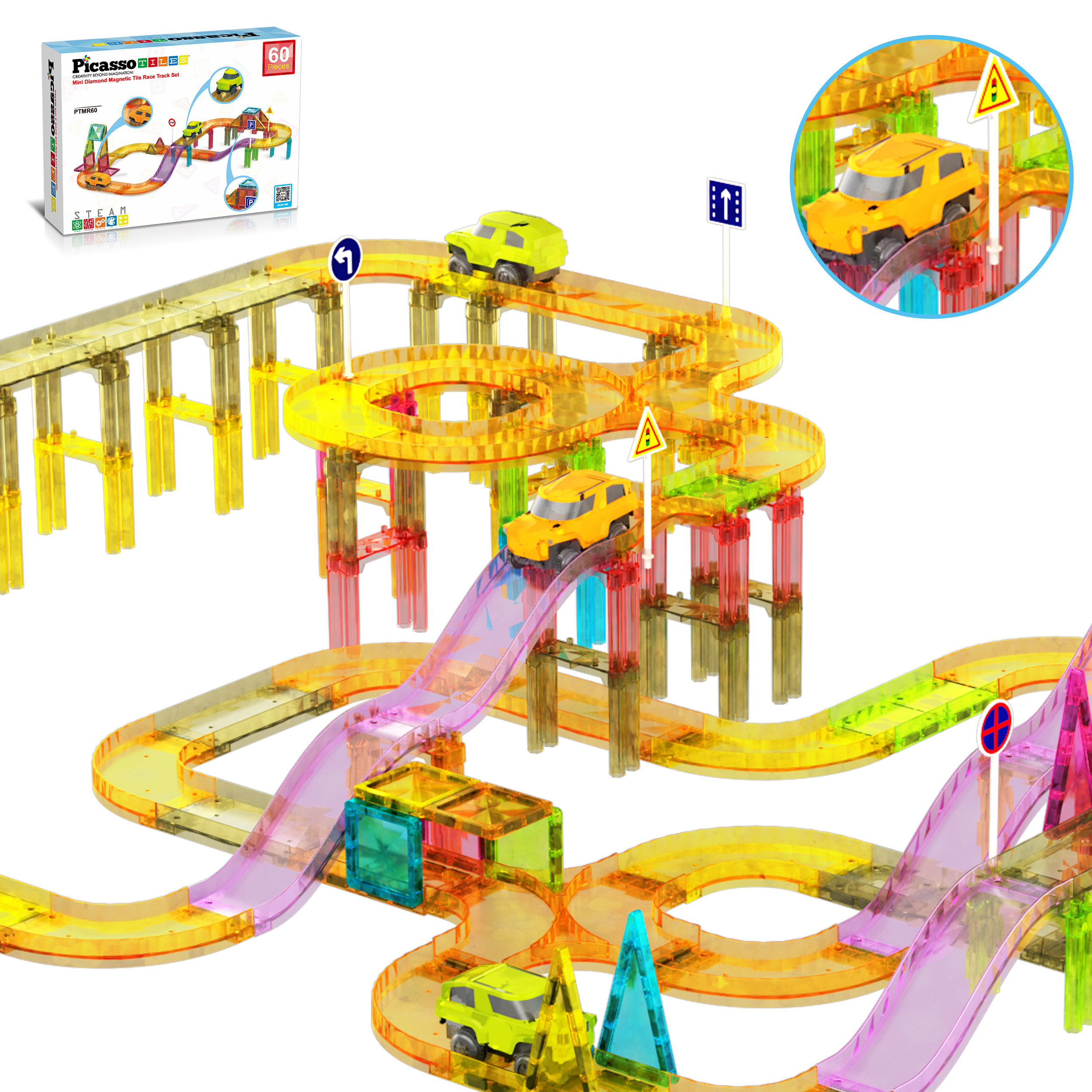 Picasso Tiles 60-Piece Mini Magnetic Race Track Set