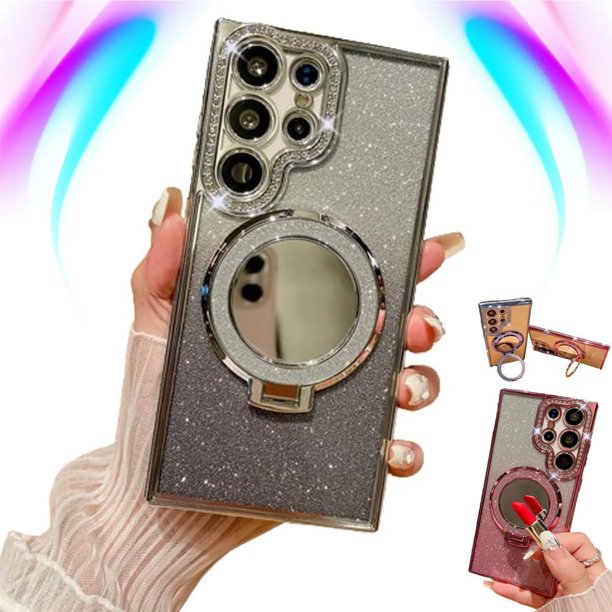 Transmitg para Samsung Glitter Rhinestones Funda magnética con soporte invisible y espejo cosmético, galvanizado 4 esquinas Airbag Anti-caída Degradado Cubierta Protector de lente de cámara (Plata, pa