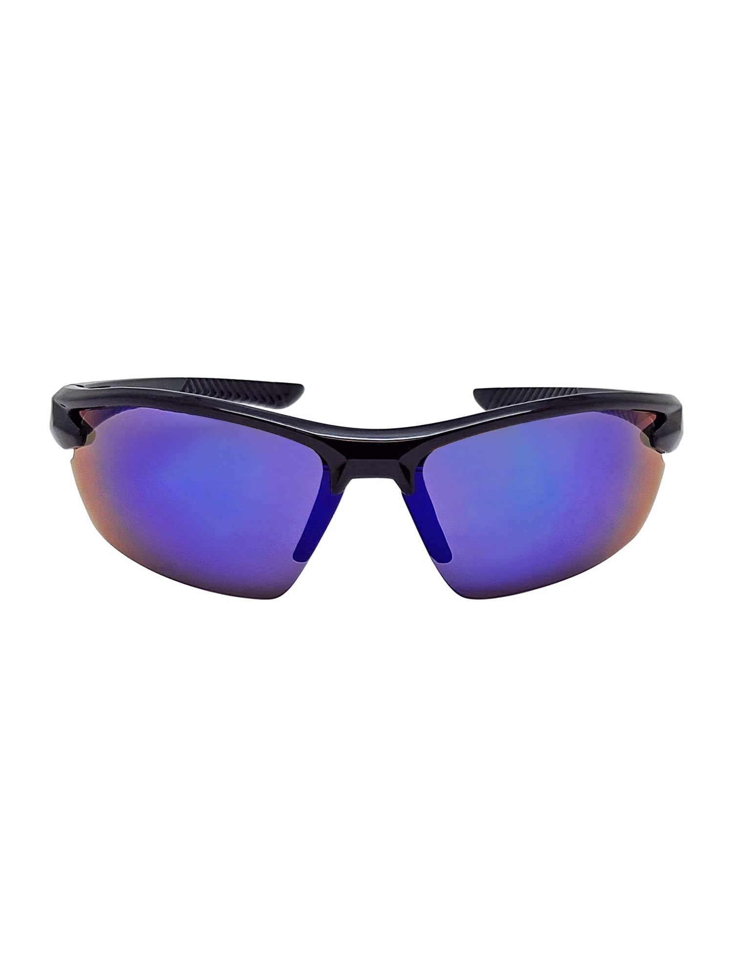 Mens Plastic Sports Wrap Semi Rim Sunglasses with Black Frames and Blue Mirrored Lenses