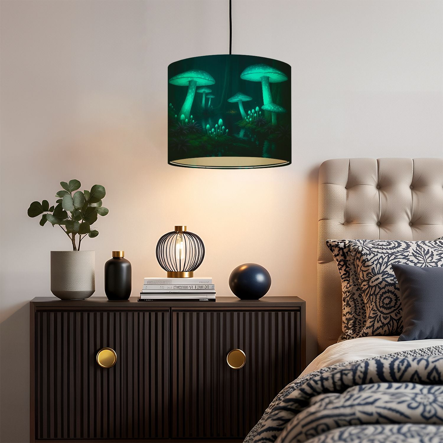 Linen Drum Lampshades Fantasy dark forest green glowing mushrooms 13"x13"x10" Light Shade for Table Lamps Floor Lamps Drum Lamp Shades Lampshade Replacement Assembly Required