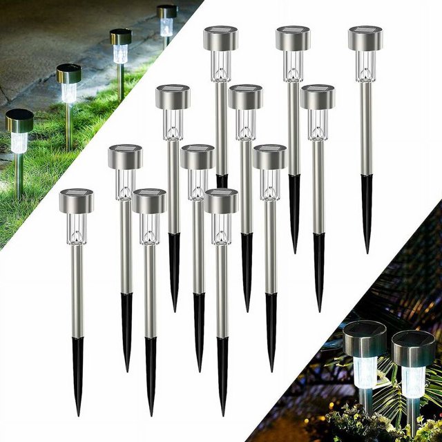 Luces solares para exteriores, jardín, 12 Uds., luces solares LED de acero inoxidable, decoración impermeable IP44 para exteriores, camino de césped, garaje, Patio JAMW Sencillez