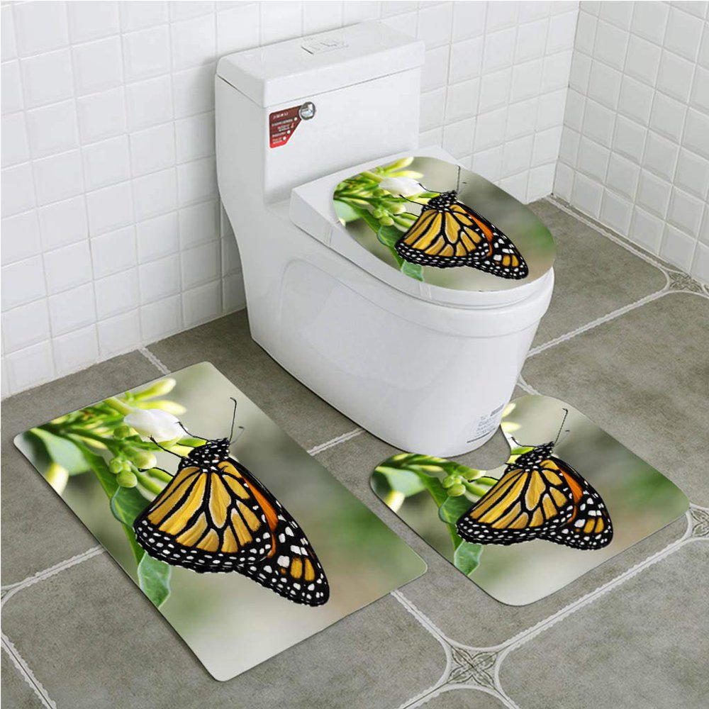 PUDMAD Monarch Butterfly on Flower 3 Piece Bathroom Rugs Set Bath Rug