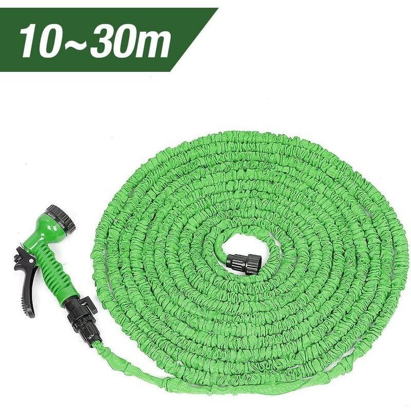 Green expandable garden hose, 10m to 30m, gun and connector included, 7 different jets