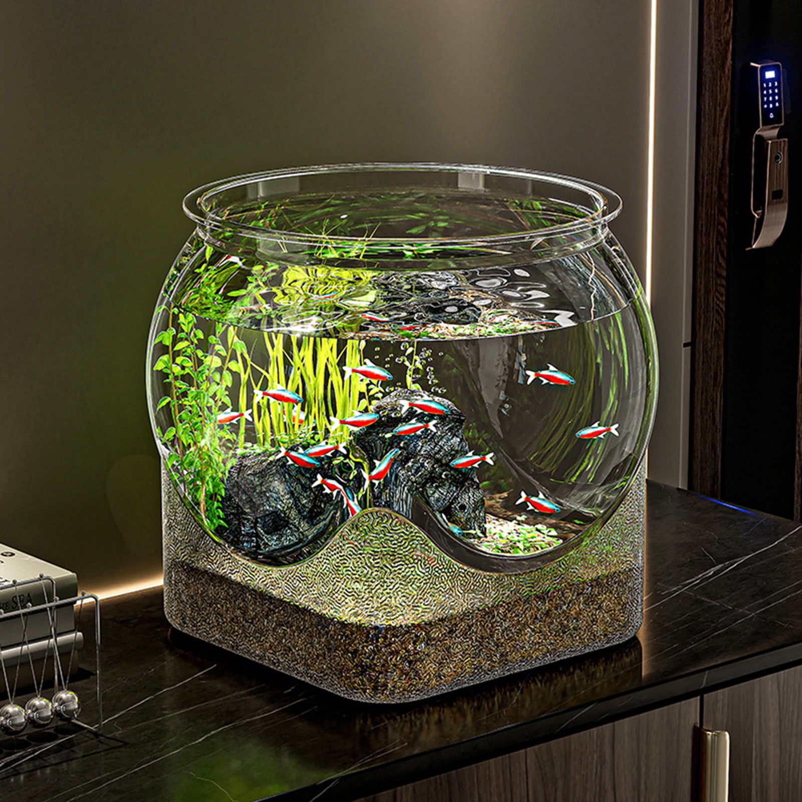 Koiauber Clear Fish Bowl for Betta Fish Golden Fish Turtle Plastic Betta Fish Tank Desktop Round PET Aquarium