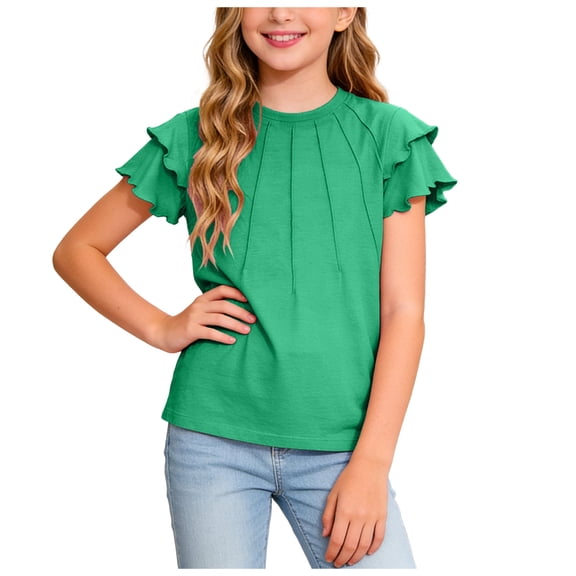 KPOPLK Girls Shirts Short Sleeve Soft Cotton T-Shirts Plain Tees Summer Casual Shirts Cute Print Tops Clothes Soft for Kids Size 11-12 Years,Green
