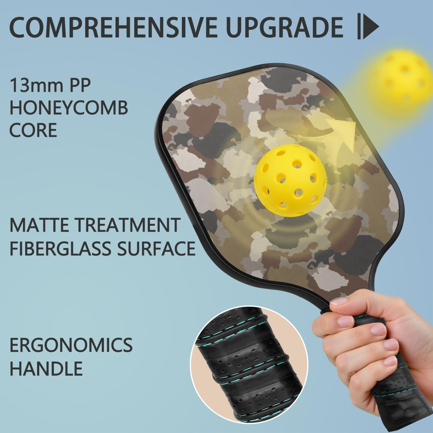 Pickleball Paddles Set Of 1, Fiberglass Surface, Camouflage Print, 1 Paddle, 2 Balls & Bag