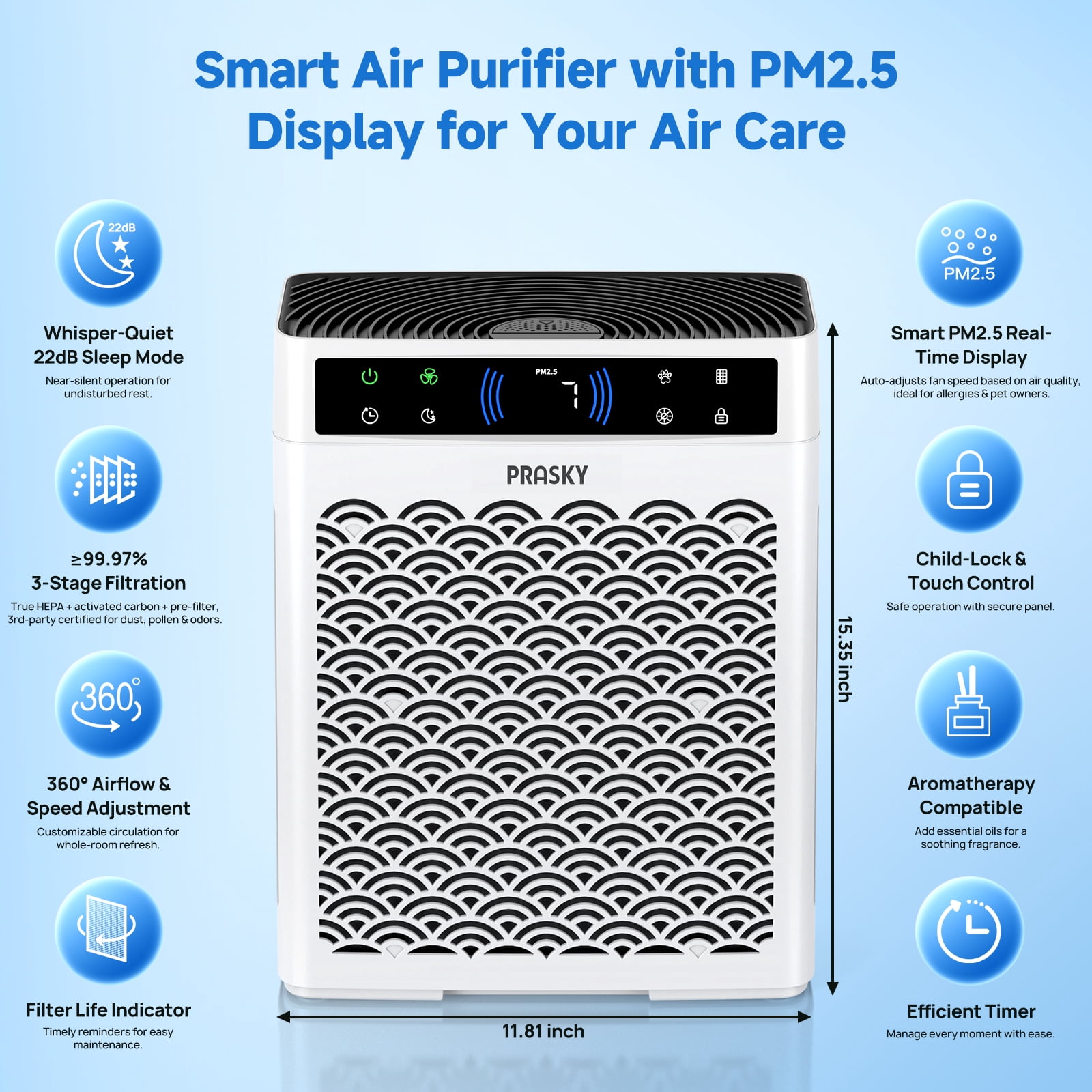 PRASKY Air Purifier for Home Large Room up to 2250 Sq ft, True HEPA Filter for Pets, Smoke & Allergies | Quiet for Bedroom (White)