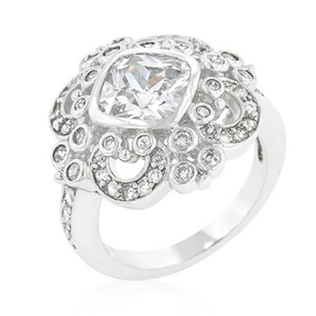 Genuine Rhodium Plated Elegant Filigree Crest Ring with Cushion Cut Clear and Round Cut Cubic Zirconia Accents in Silvertone - Size 10