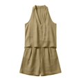 thumbnail image 4 of Women's 2 Piece Short Sets Linen Sleeve V Neck Halter Matching Short Suit Summer Casual Oversized Outfits Khaki L(L), 4 of 6