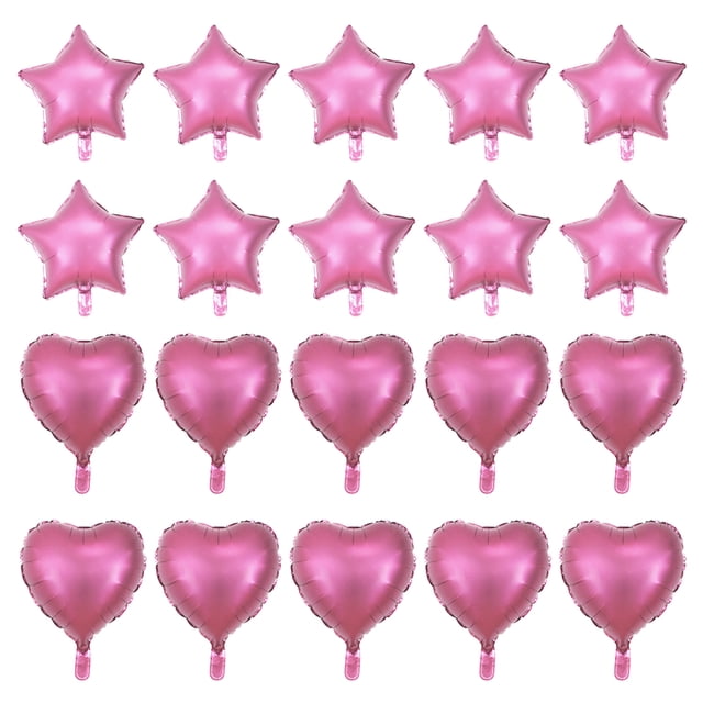 KAKOWELY 20 globos metálicos de aluminio con forma de corazón y estrella para decoración de cumpleaños, bodas y fiestas (rosa, 10 en forma de corazón + 10 en forma de estrella).