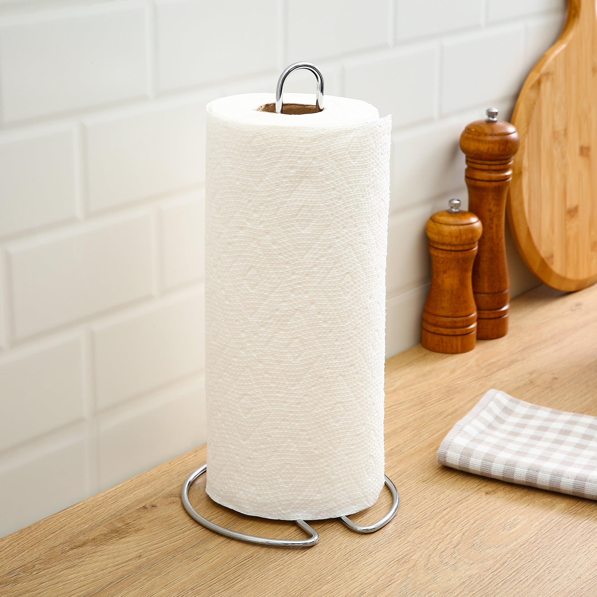 Mainstays Countertop Paper Towel Holder Stand, Silver Metal Kitchen Paper Towel Roll Holder and Dispenser for Kitchen Counter Storage