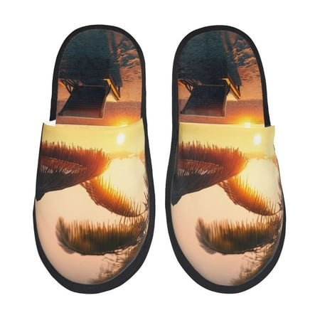 Balery Hawaiian Sunset Beach Slient Indoor Furry Fleece Comfort House Shoes Soft Non-Slip Home Shoes Cotton slippers House Slippers-- Medium