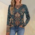 thumbnail image 2 of Kixjoy Womens Long Sleeve Shirts Fashion Pleated Round Neck Top Plus Size Casual Long Sleeve T Shirt Fall Floral Print Loose Fit Clothes, Army Green S, 2 of 6