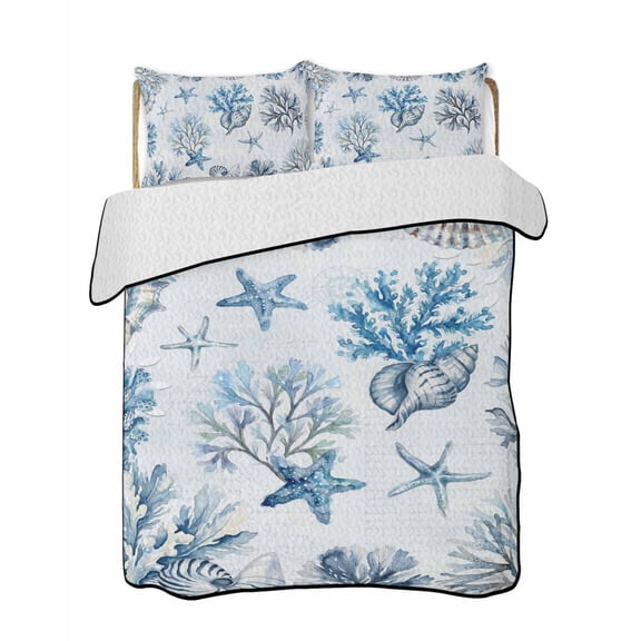 Quilts Twin Size Bedding Set, Blue Coastal Lightweight Quilted Comforter, Summer Retro Ocean Sea Corals Starfish Shells Soft Reversible Bedspread Coverlet with Pillow Covers for All Season, 68" x 86"