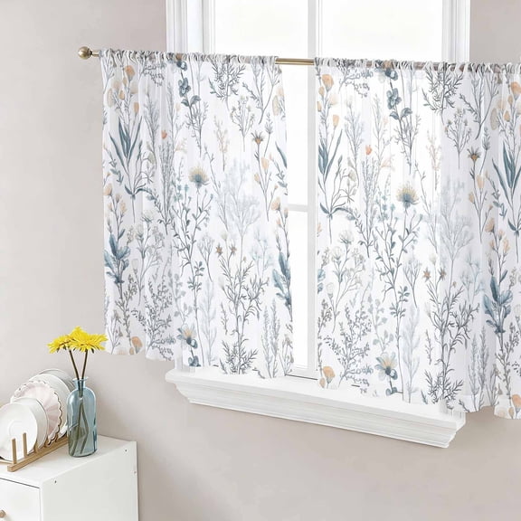 Spring Floral Semi Sheer Window Curtains 45 Inches Long, Vintage Botanical Watercolor Rod Pocket Voile Chiffon Curtain Light Filtering Drapes for Living Room, Kitchen, Bedroom, 52"x45", 2 Panels