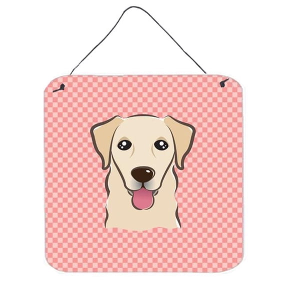 Checkerboard Pink Golden Retriever Aluminum Metal Wall Or Door Hanging Prints, 6 x 6 In.