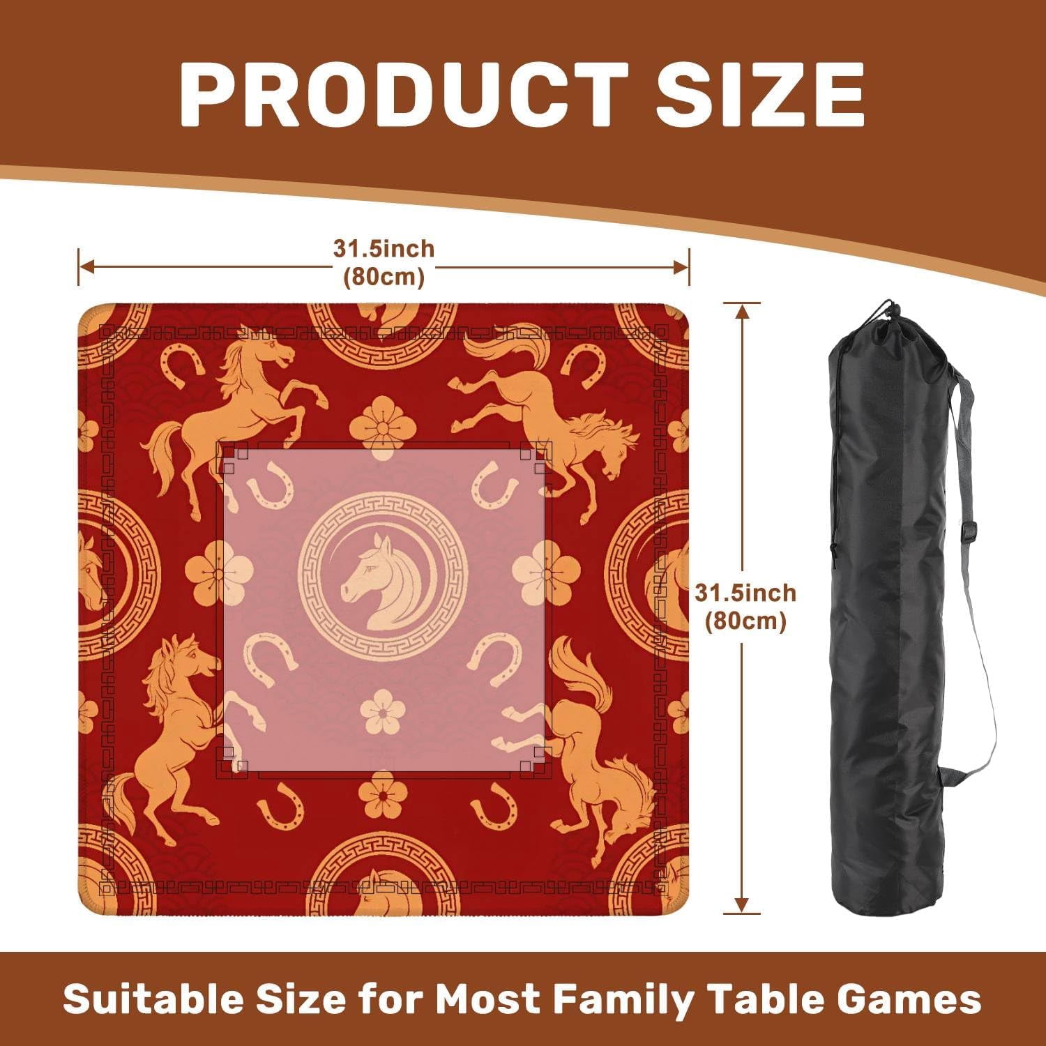 Mahjong Mat for Table Seamless Happy Chinese New Year 2026 Year Horse Zodiac Sign Chinese 31.5" x 31.5" Non-Slip Noise-Reducing Game Mat Premium Mahjong Accessories for Poker Dominoes Board Games