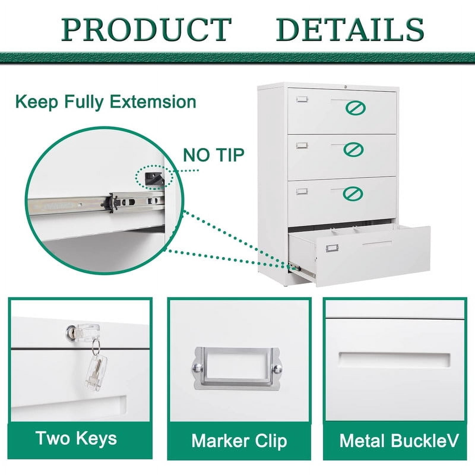 MIIIKO 4 Drawer Lateral File Cabinet with Lock, White Lateral Filing Cabinet for Legal/Letter A4 Size, Locking Wide File Cabinet for Home Office, Metal