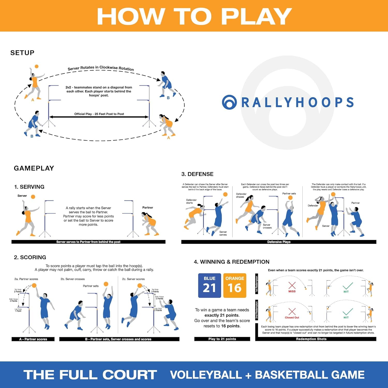 RallyHoops 7 ft - World's First Sports Game to Mash Volleyball & Basketball - Setup in Seconds - Easy to Learn - Fun to Play for All Ages