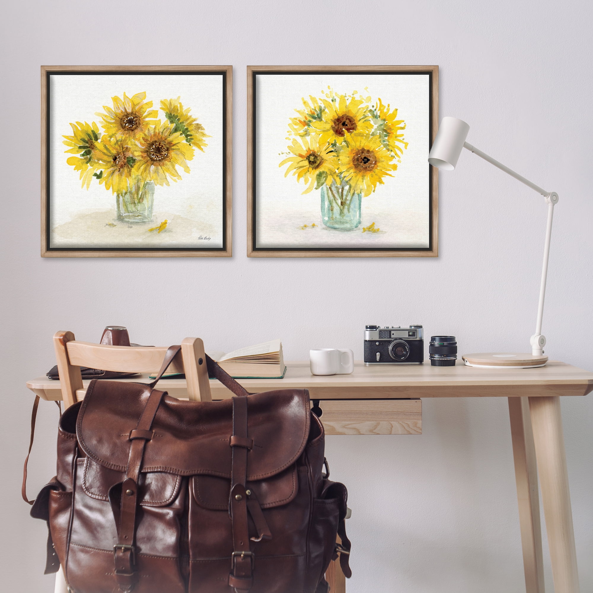 Stupell Industries Sunflower Bouquet Jar Plants & Flowers Painting Brown Floater Framed Canvas Art Print Wall Art, 25 x 25, Set of 2