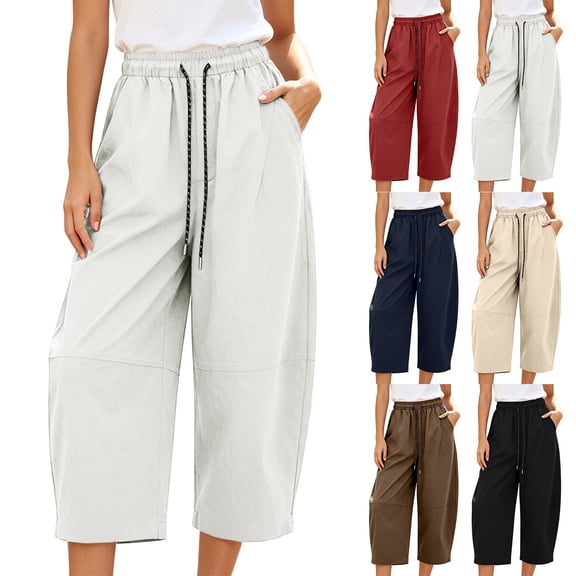 Liweisiy Capri Pants For Womens Drawstring Elastic Waist Wide Leg Baggy Trousers Solid Color Classic Pants Beige XL